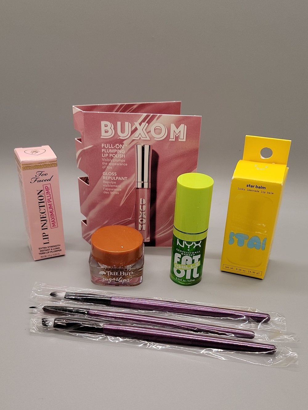Lip Plump 8 pc. Set -- Too Faced, Buxom, NYX, Star Balm, Tree Hut, 3 Lip Brushes